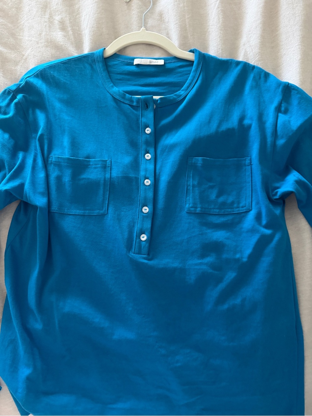 Zara Bright Teal Button-Front Long Sleeve Tee